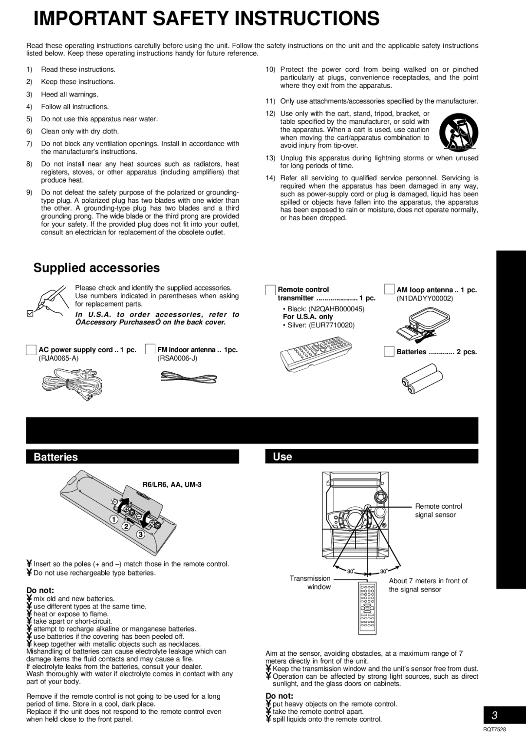 Panasonic SC-AK220 operating instructions Supplied accessories, Remote control, Batteries, Do not 