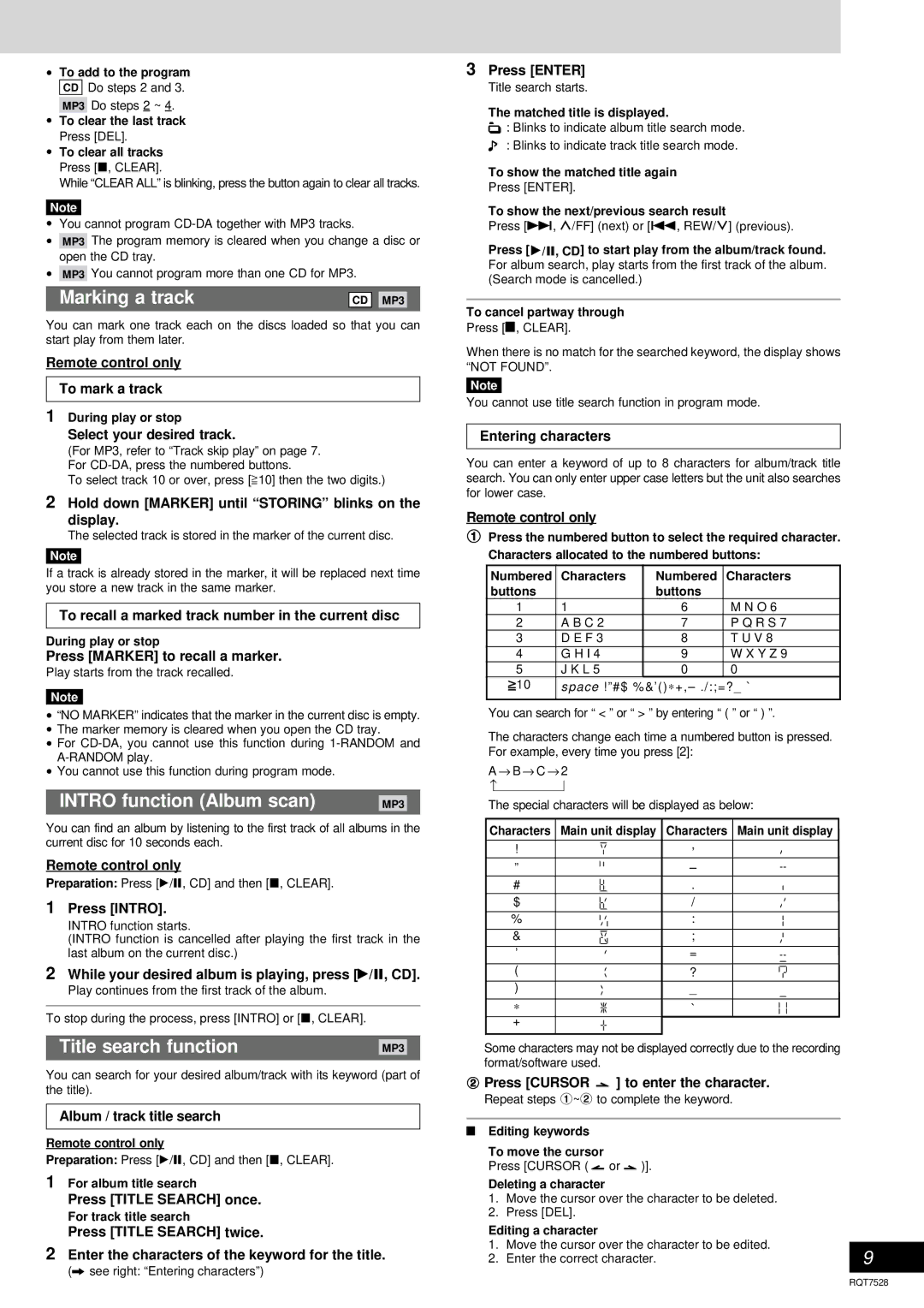 Panasonic SC-AK220 operating instructions Marking a track, Intro function Album scan, Title search function 