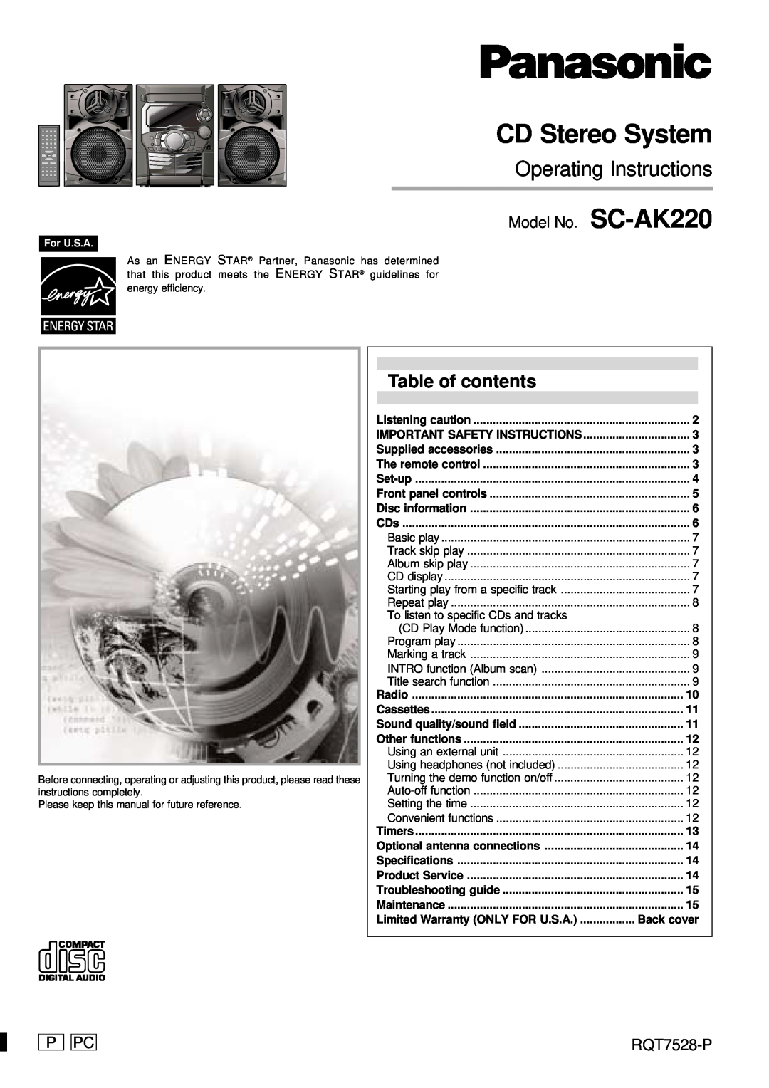 Panasonic operating instructions Table of contents, Model No. SC-AK220, P Pc, RQT7528-P, CD Stereo System, For U.S.A 