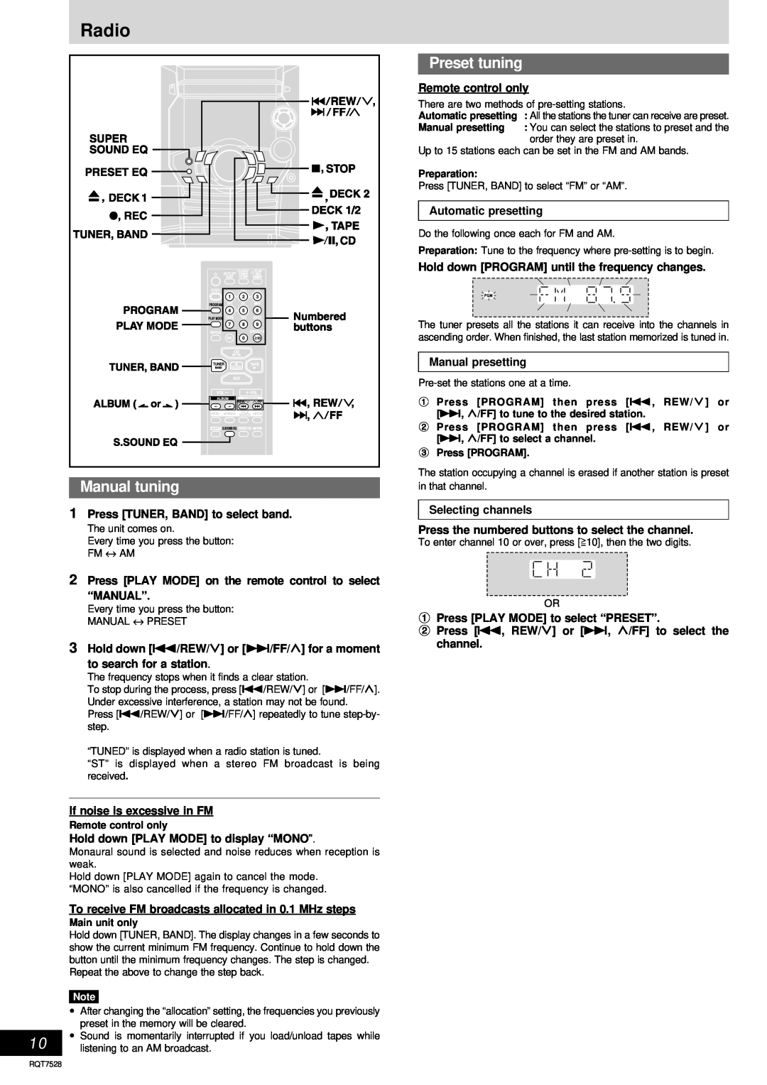 Panasonic SC-AK220 operating instructions Radio, Manual tuning, Preset tuning 