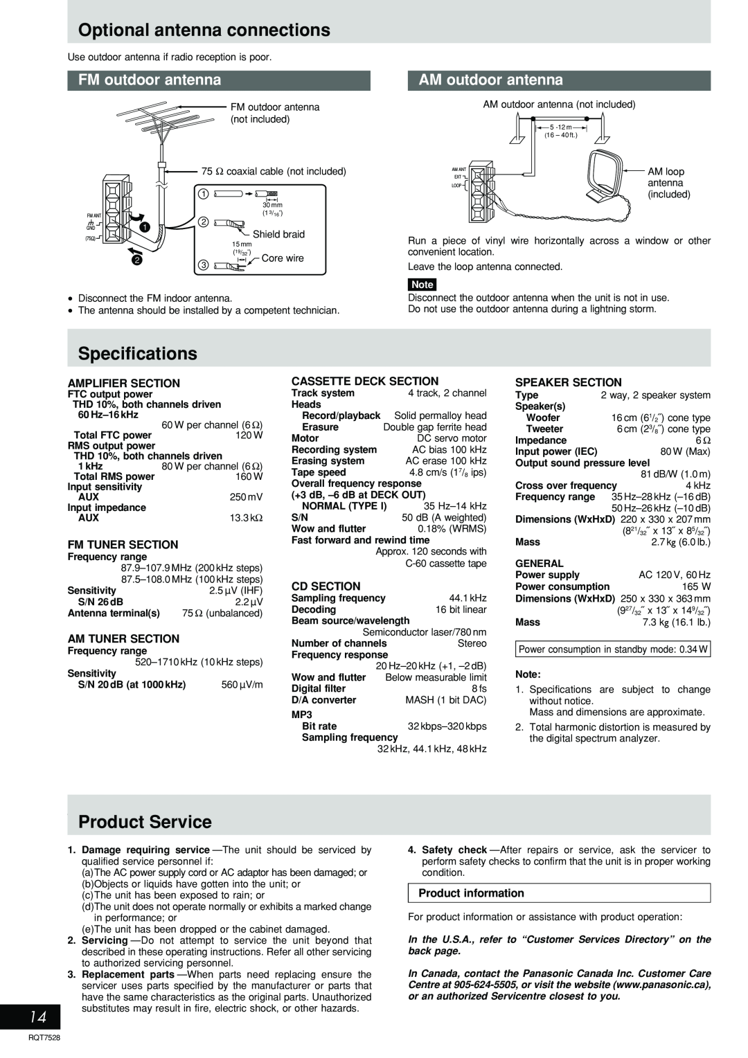 Panasonic SC-AK220 Optional antenna connections, Specifications, Product Service, FM outdoor antenna, AM outdoor antenna 