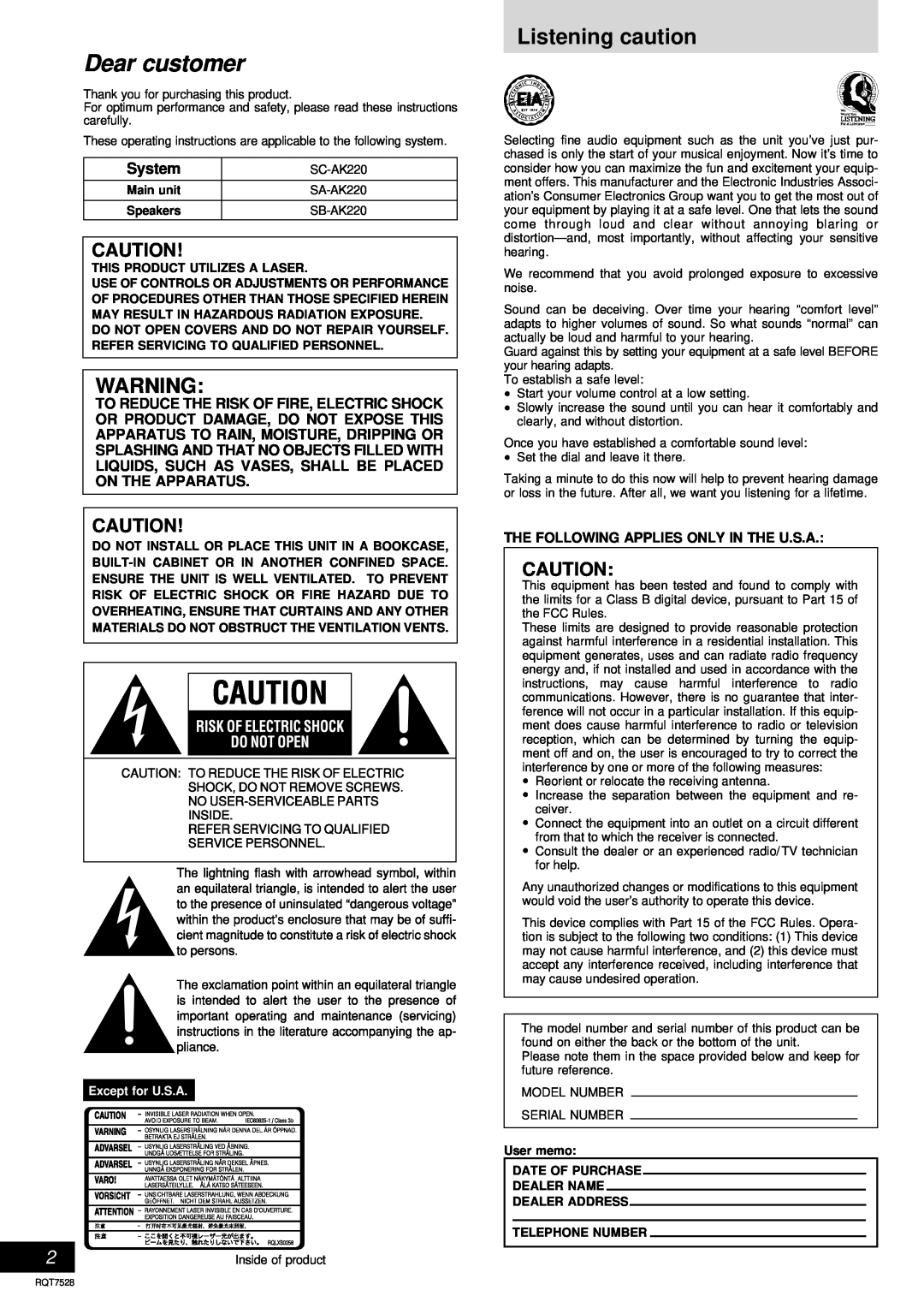Panasonic SC-AK220 operating instructions Listening caution, System, Dear customer, Except for U.S.A 