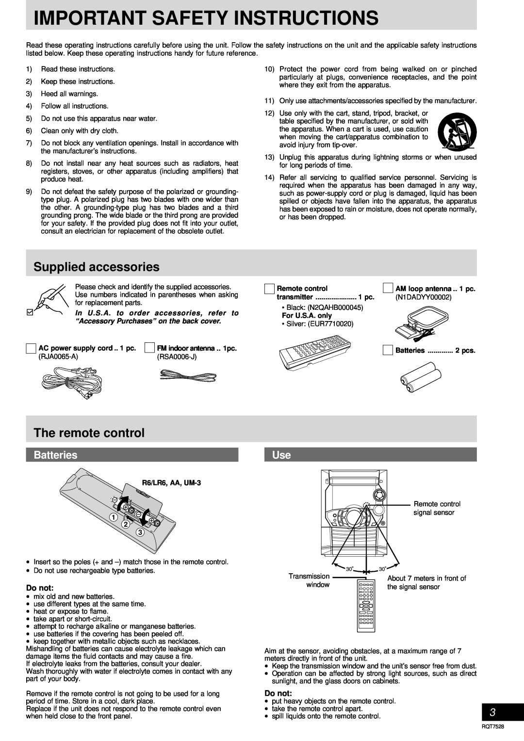 Panasonic SC-AK220 Supplied accessories, The remote control, Batteries, Important Safety Instructions 
