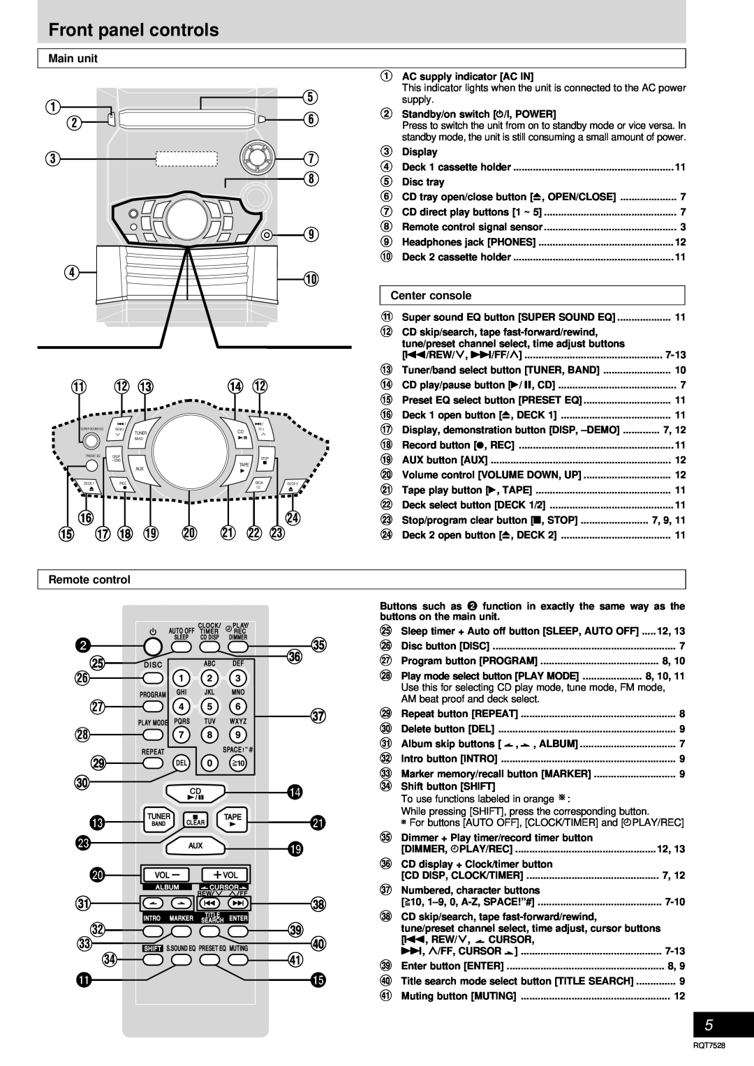 Panasonic SC-AK220 operating instructions Front panel controls, Main unit, Center console, Remote control 