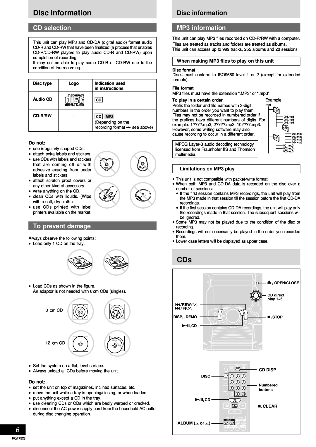 Panasonic SC-AK220 operating instructions Disc information, CD selection, MP3 information, To prevent damage 