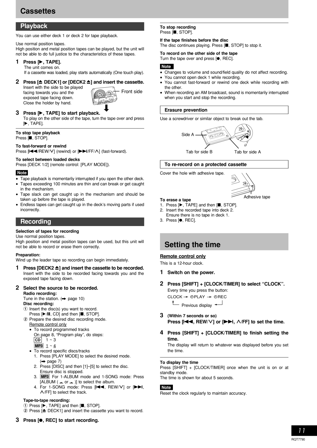 Panasonic SC-AK333, SC-AK230 operating instructions Cassettes, Setting the time, Playback, Recording 