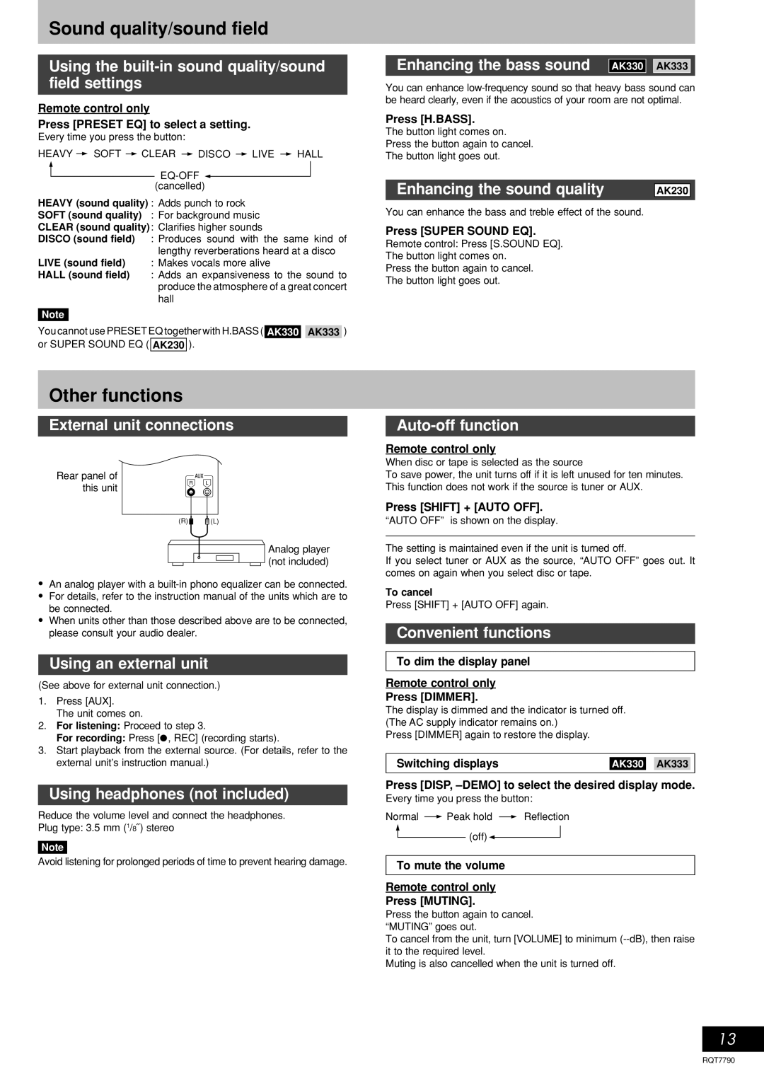 Panasonic SC-AK333, SC-AK230 operating instructions Sound quality/sound field, Other functions 