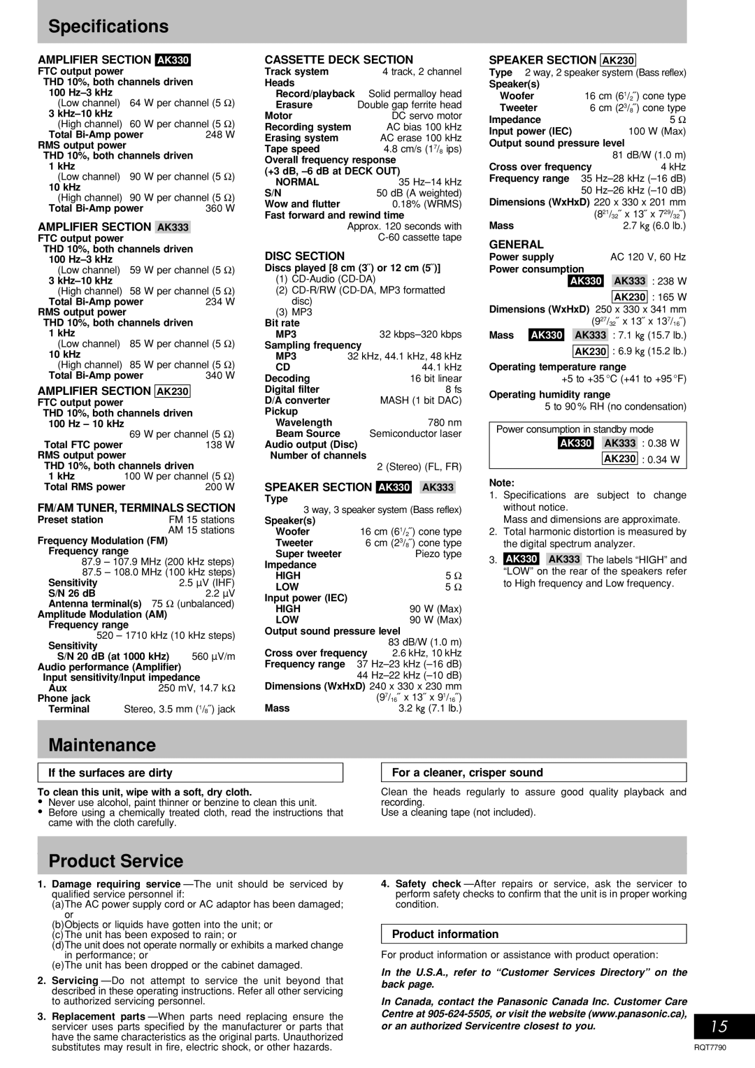 Panasonic SC-AK333, SC-AK230 operating instructions Specifications, Maintenance, Product Service 