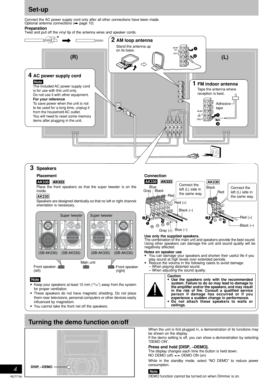 Panasonic SC-AK230 Set-up, Turning the demo function on/off, Preparation, Placement Connection, Press and hold DISP, -DEMO 