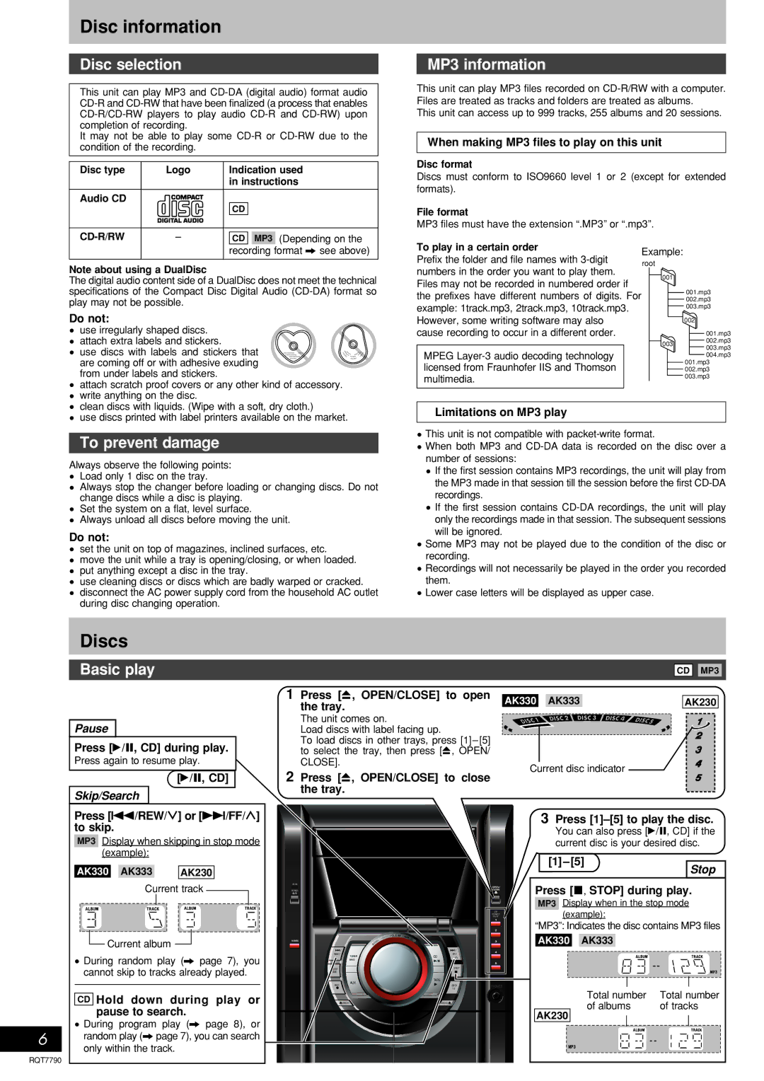 Panasonic SC-AK230, SC-AK333 operating instructions Disc information, Discs 