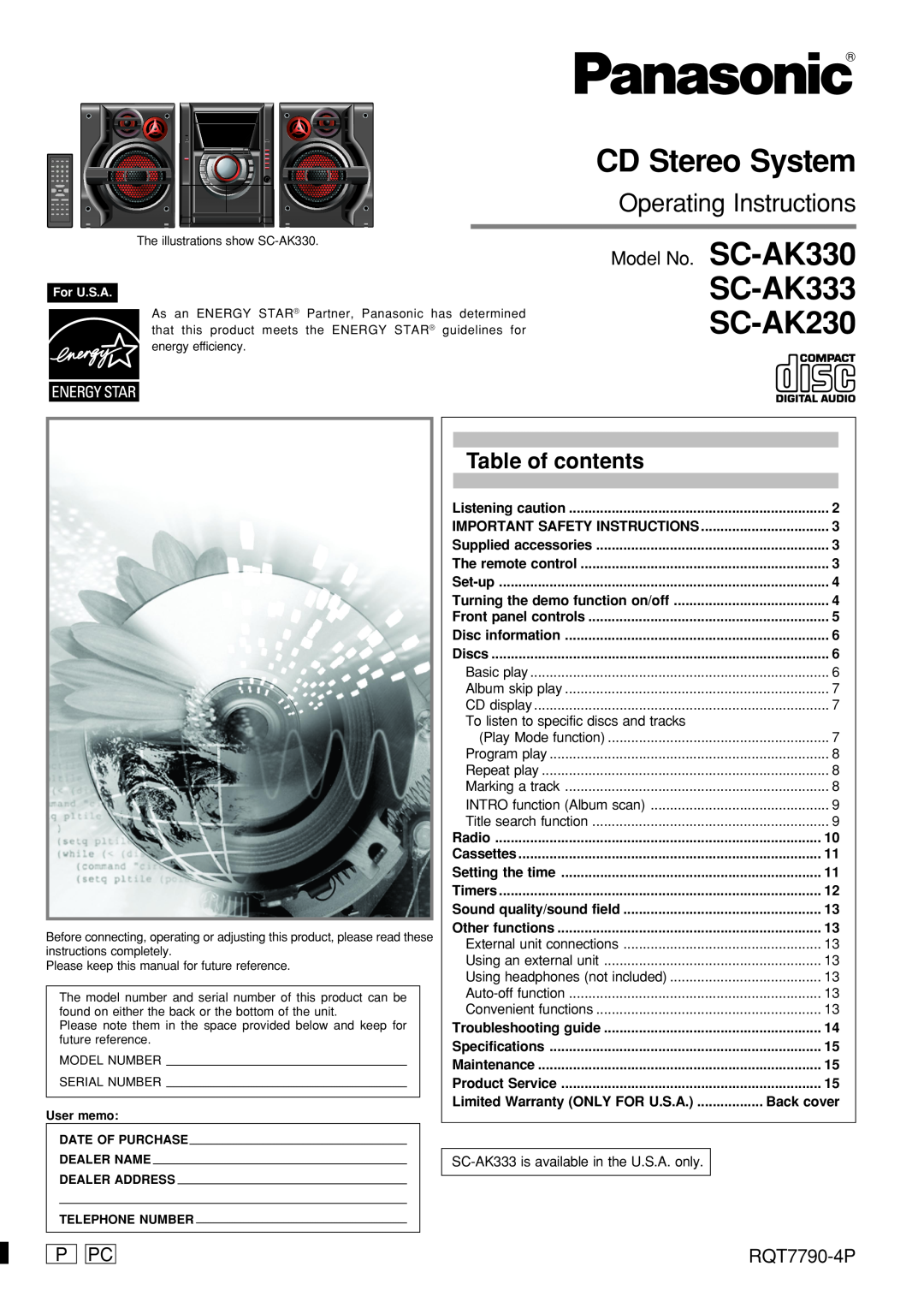Panasonic SC-AK333 operating instructions Table of contents, Model No. SC-AK330, P Pc, RQT7790-4P, CD Stereo System 