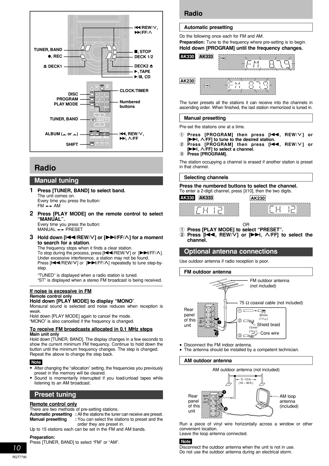 Panasonic SC-AK230, SC-AK333 operating instructions Radio, Manual tuning, Preset tuning, Optional antenna connections 