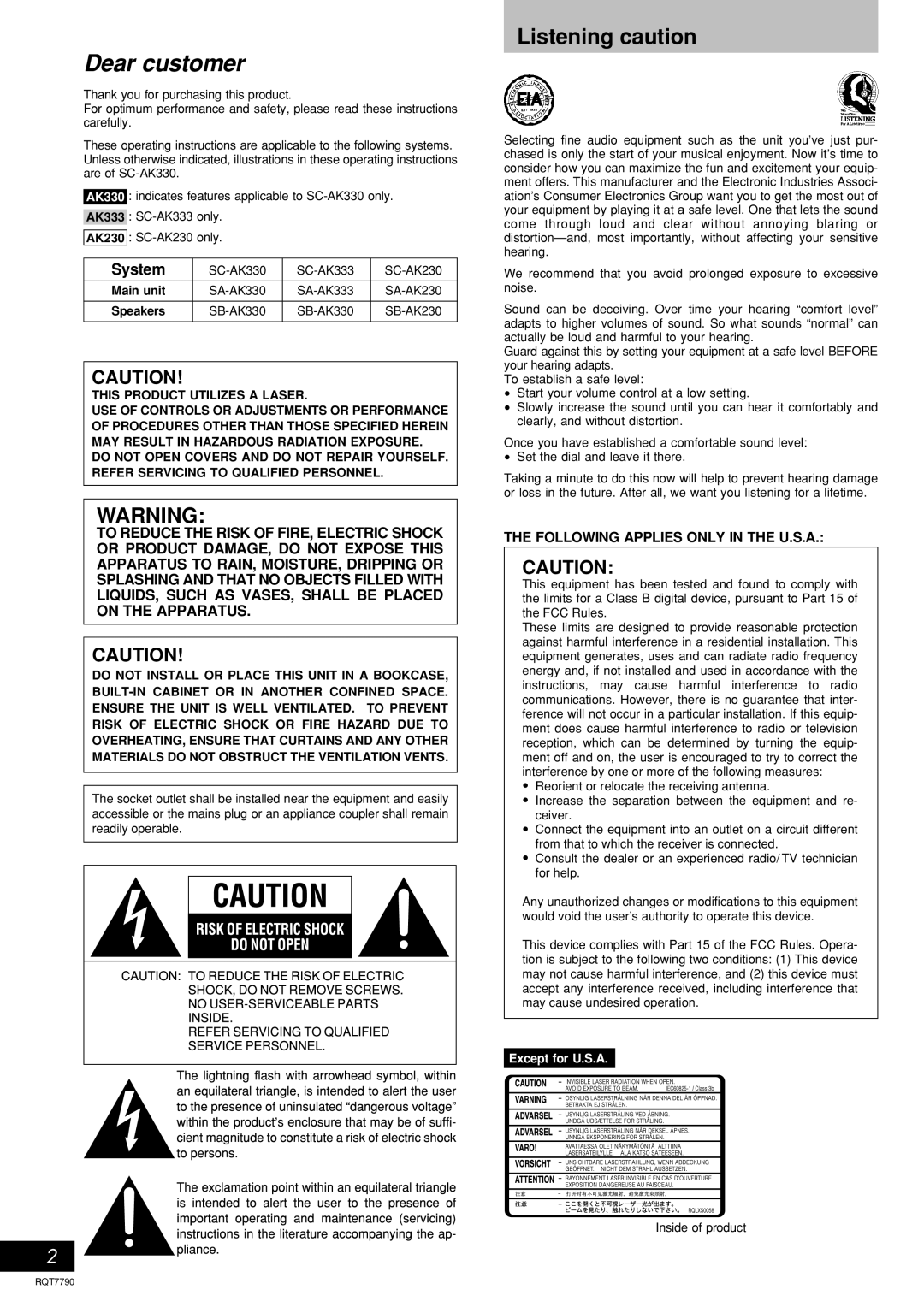 Panasonic SC-AK230, SC-AK333 operating instructions Listening caution, System, Except for U.S.A 