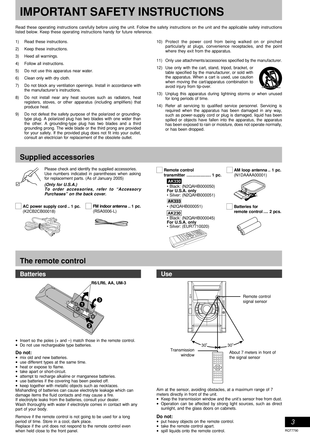 Panasonic SC-AK333 Supplied accessories, The remote control, Batteries, Important Safety Instructions, Only for U.S.A 
