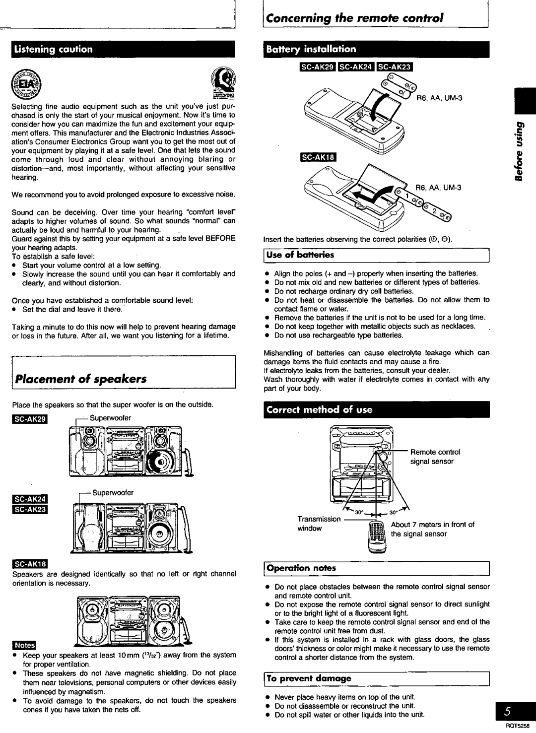 Panasonic SC-AK18, SC-AK24, SC-AK29, SC-AK23 manual 