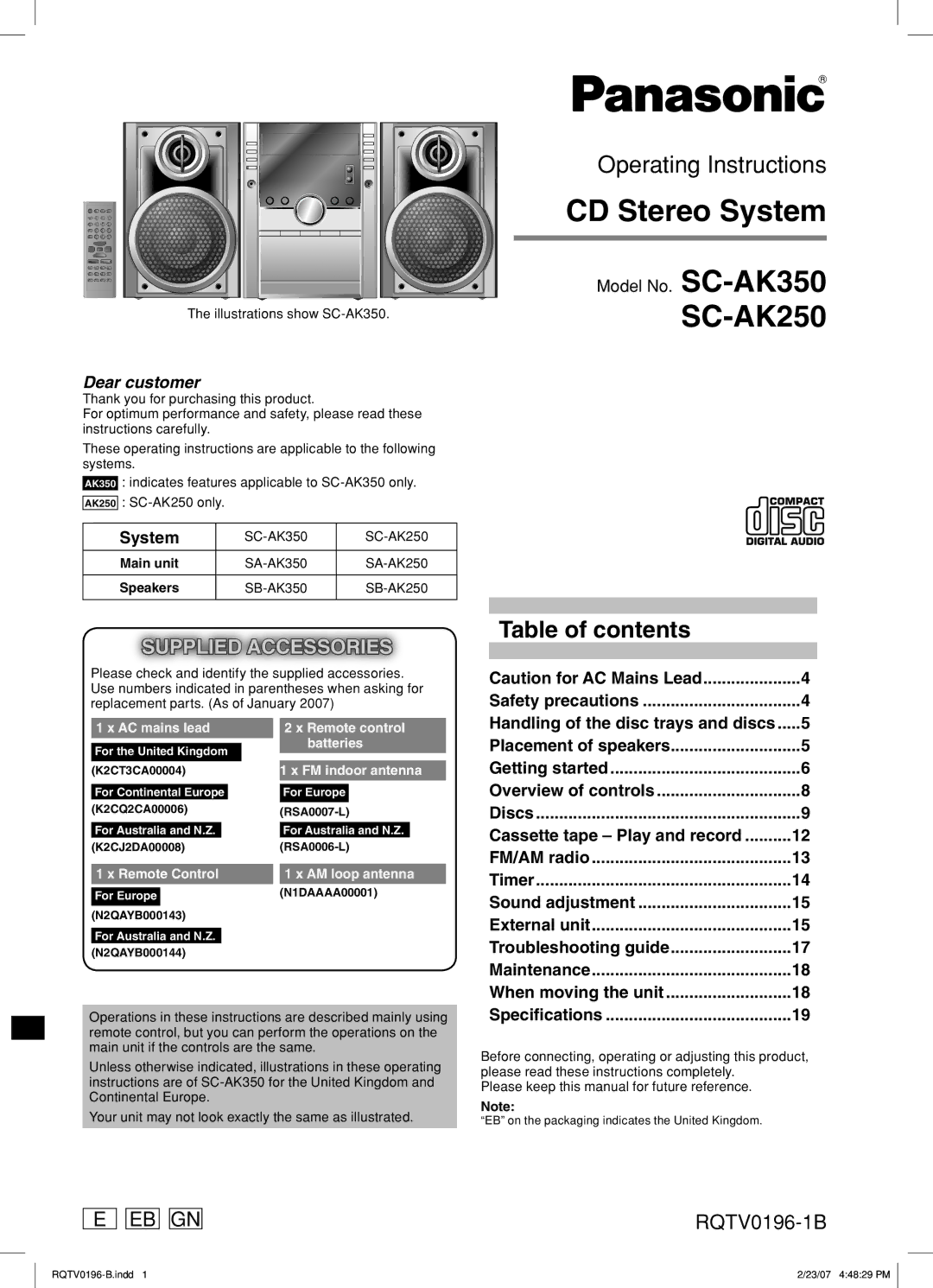 Panasonic SC-AK350, SC-AK250 operating instructions CD Stereo System 