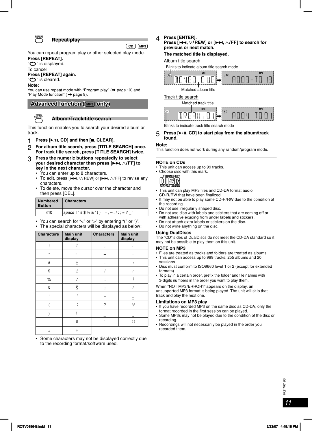 Panasonic SC-AK350, SC-AK250 Advanced function only, Repeat play, Album /Track title search, To cancel 