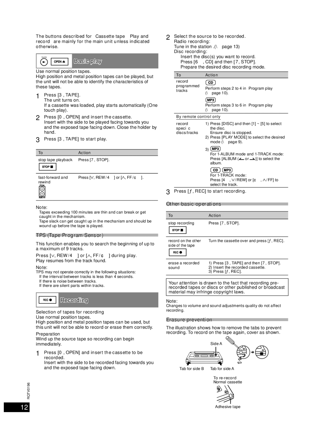 Panasonic SC-AK250, SC-AK350 Cassette tape Play and record, Recording, TPS Tape Program Sensor, Other basic operations 