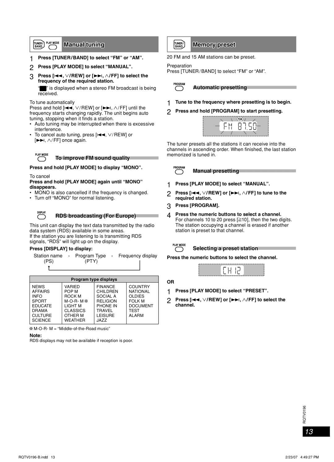 Panasonic SC-AK350, SC-AK250 operating instructions FM/AM radio, Manual tuning, Memory preset 