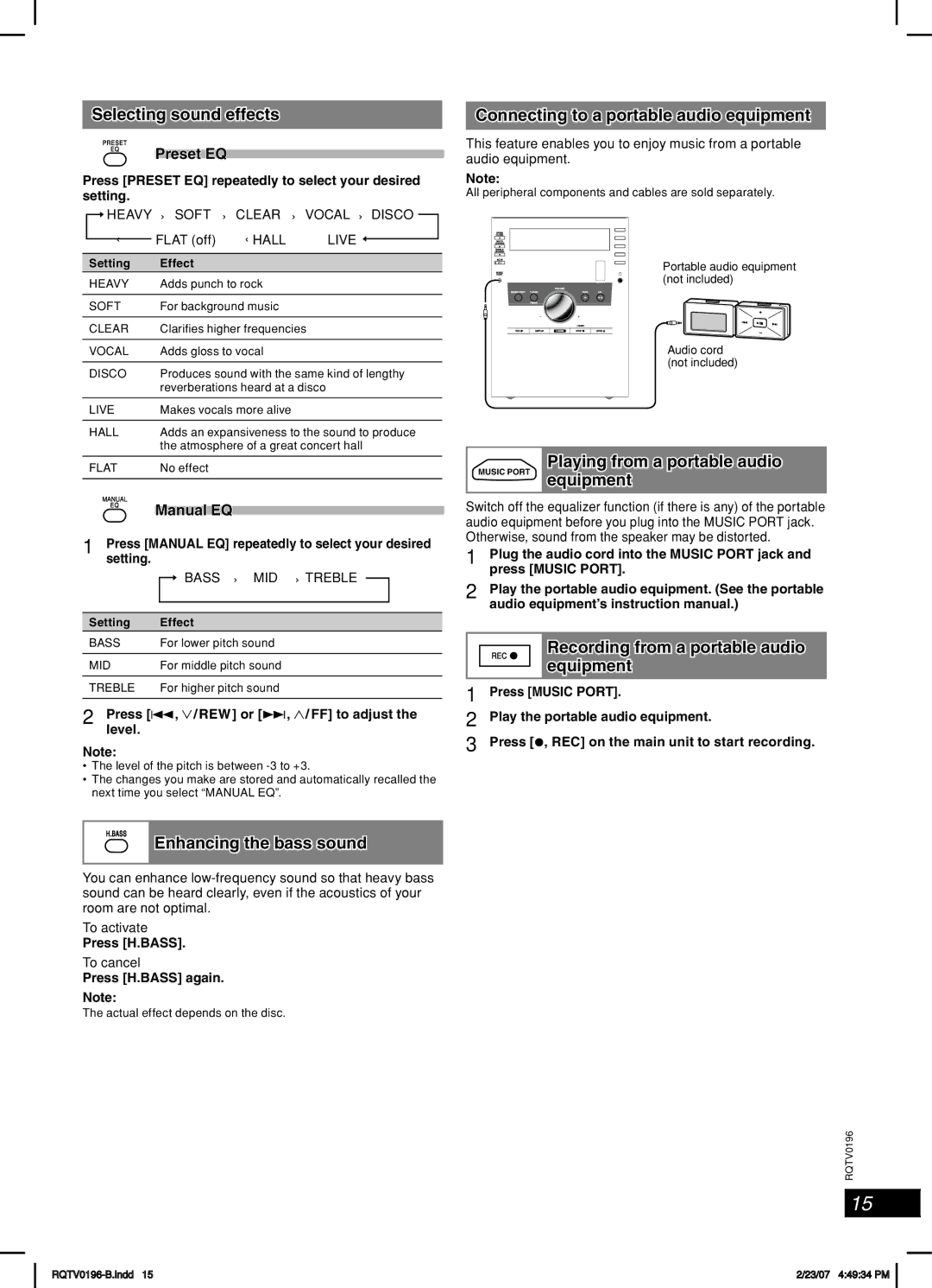 Panasonic SC-AK350, SC-AK250 operating instructions Sound adjustment, External unit 