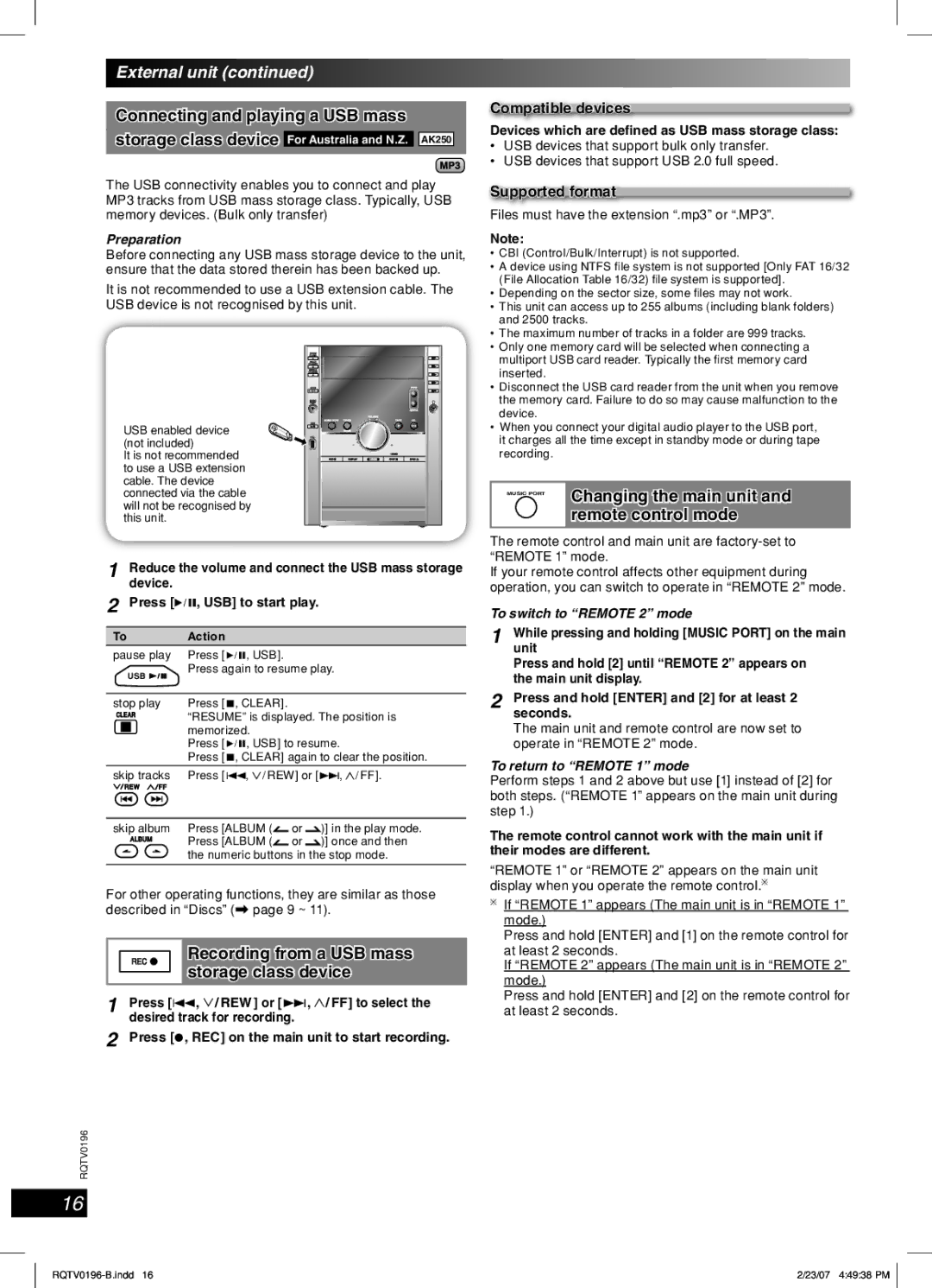 Panasonic SC-AK250 Connecting and playing a USB mass, Changing the main unit, Remote control mode, Storage class device 