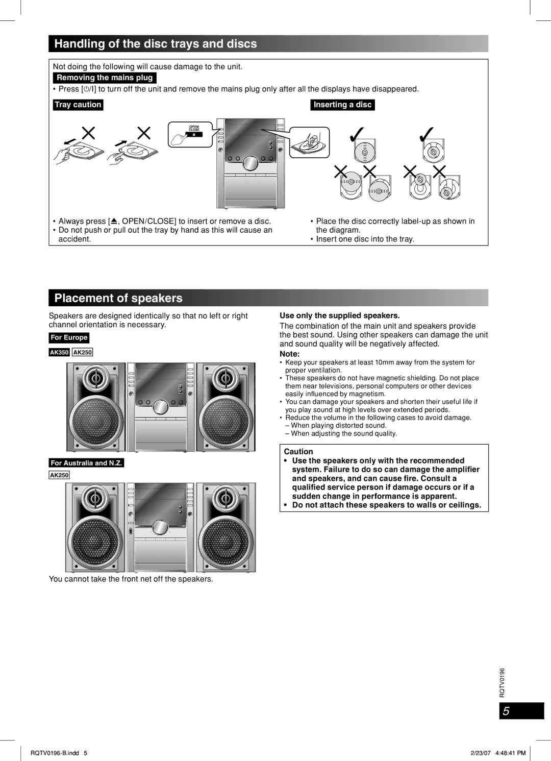 Panasonic SC-AK350, SC-AK250 operating instructions Handling of the disc trays and discs, Placement of speakers 