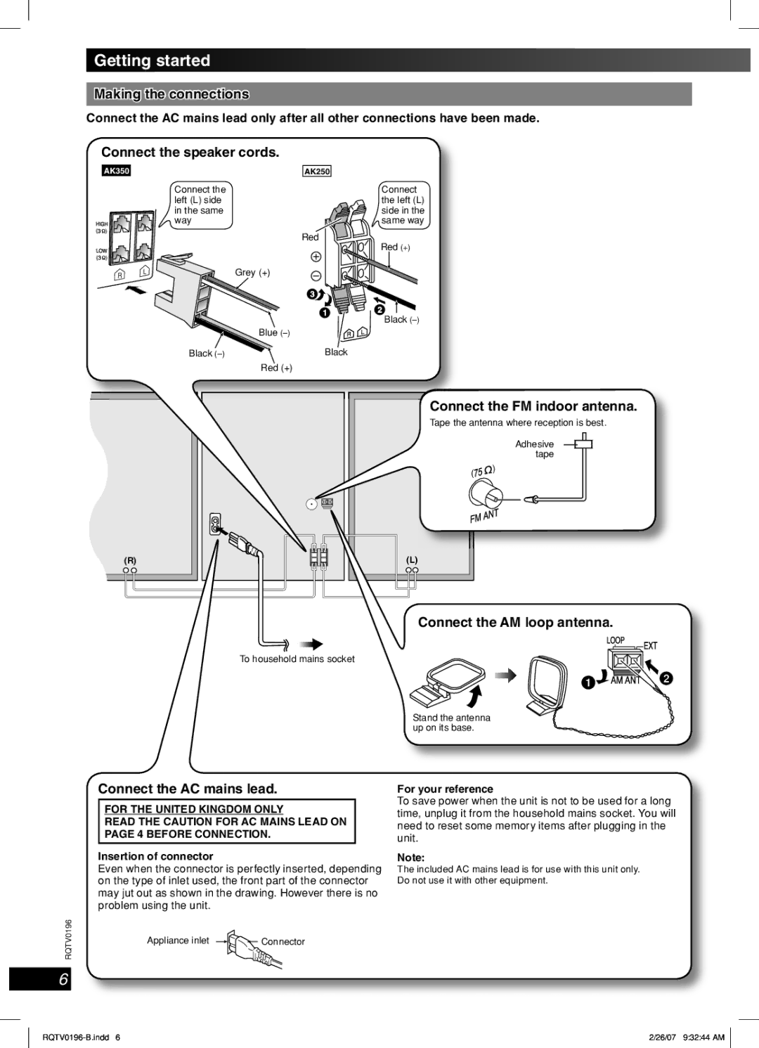 Panasonic SC-AK250, SC-AK350 operating instructions Getting started 