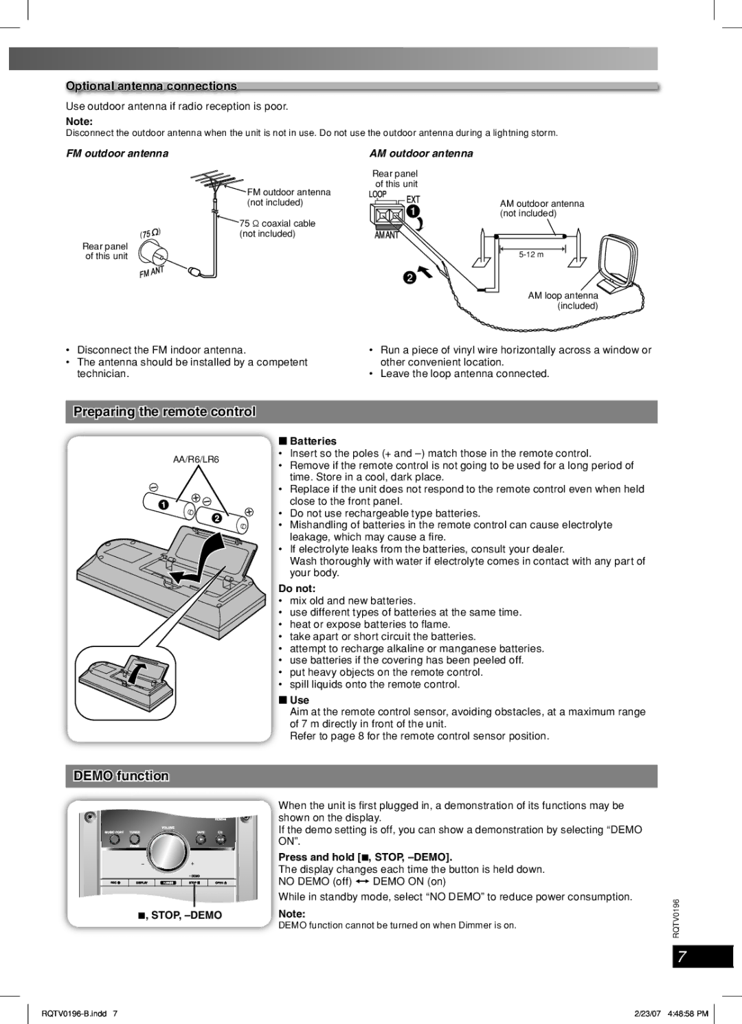 Panasonic SC-AK350, SC-AK250 Preparing the remote control, Demo function, Optional antenna connections, FM outdoor antenna 