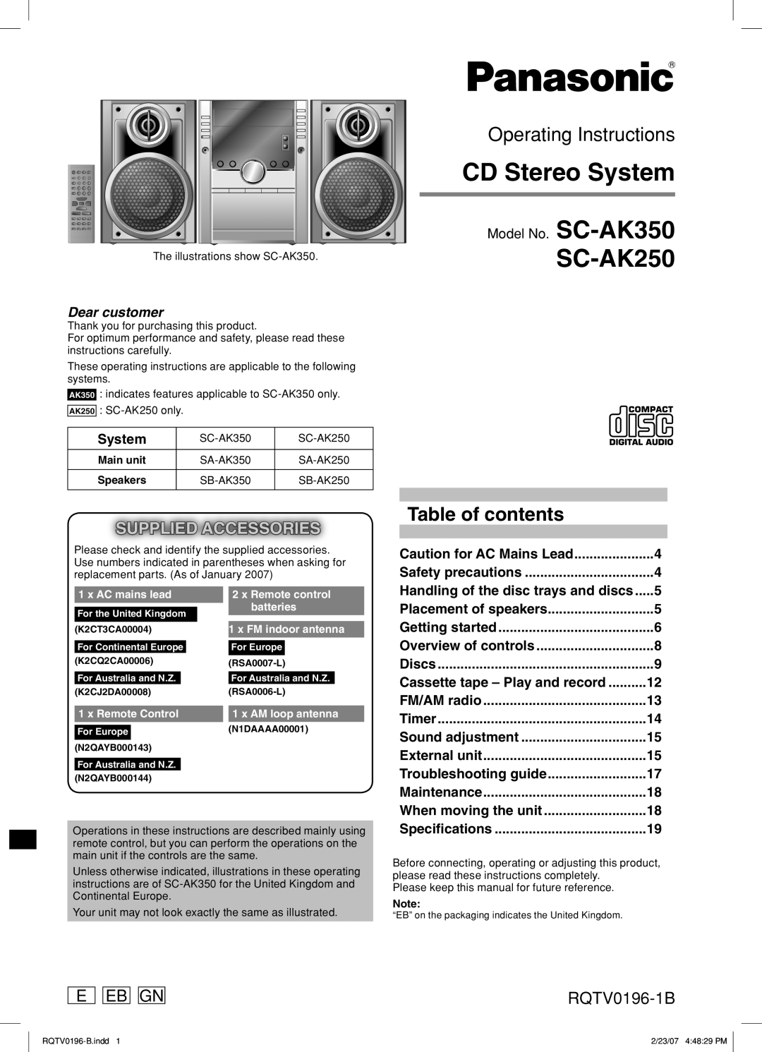 Panasonic SC-AK250 important safety instructions RQTV0199-2M, Important Safety Instructions, CD Stereo System 
