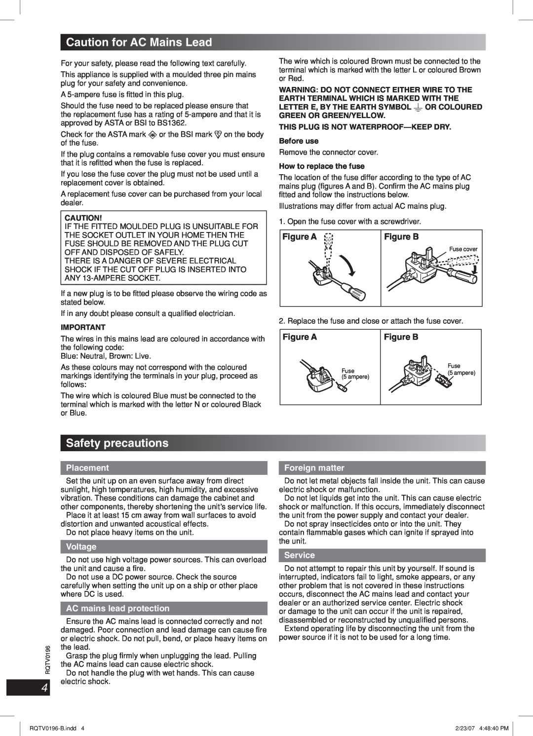 Panasonic SC-AK250 Caution for AC Mains Lead, Safety precautions, Español Dansk Français, Lang, Placement, Voltage 