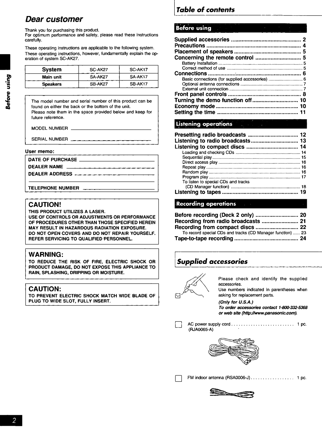 Panasonic SC-AK27, SC-AK17 manual 