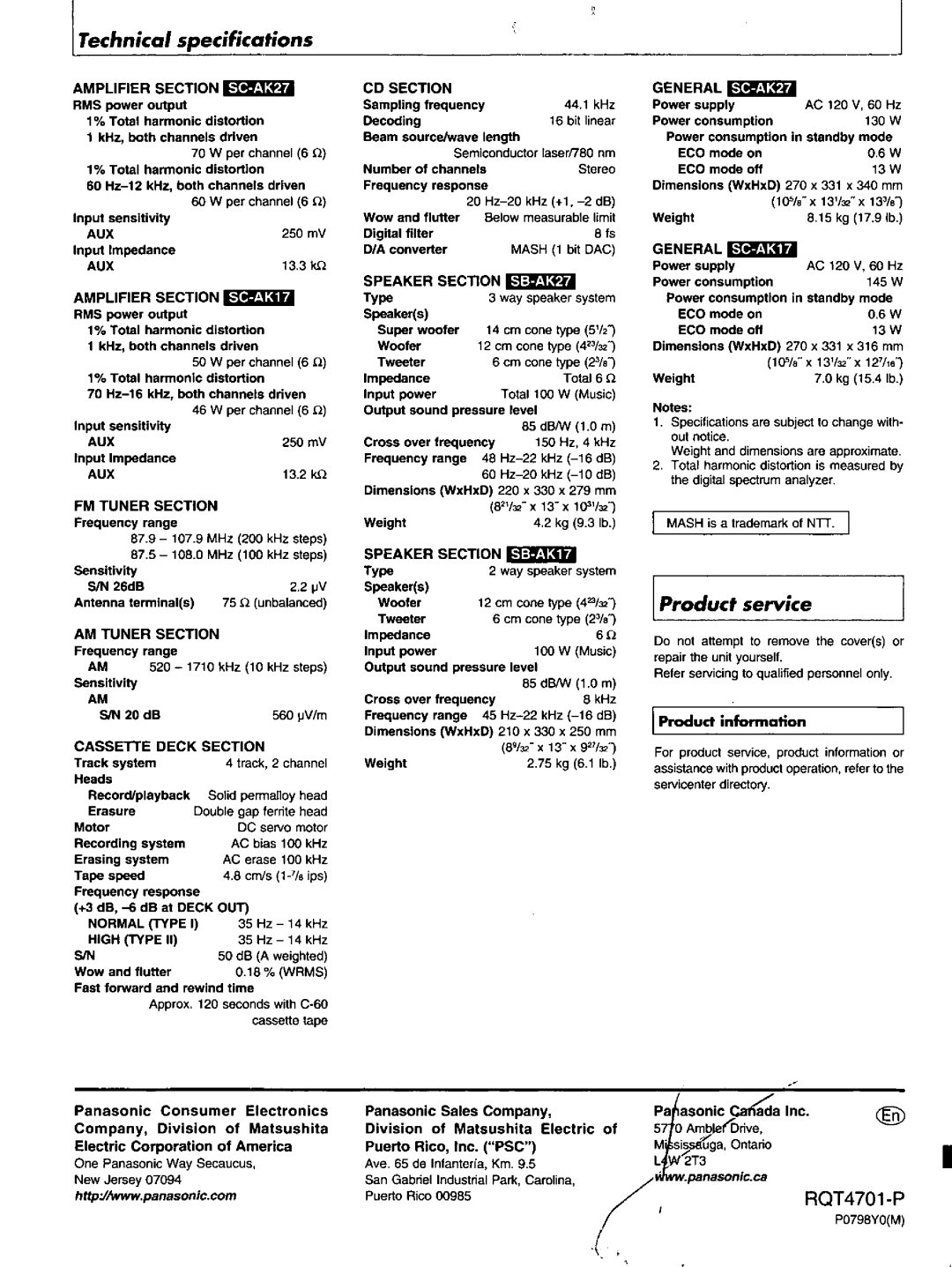 Panasonic SC-AK27, SC-AK17 manual 