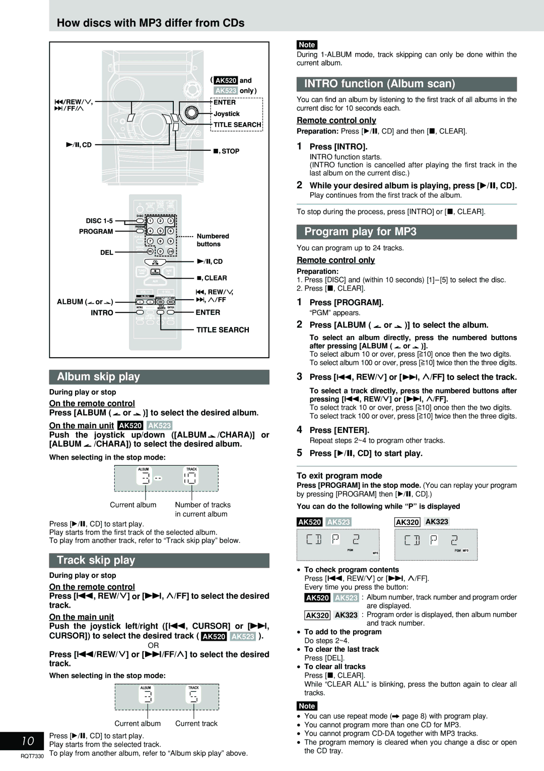 Panasonic SC-AK523, SC-AK320, SC-AK520 Album skip play, Track skip play, Intro function Album scan, Program play for MP3 