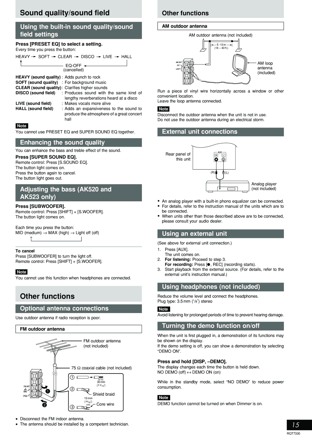 Panasonic SC-AK323, SC-AK320, SC-AK520, SC-AK523 operating instructions Sound quality/sound field, Other functions 