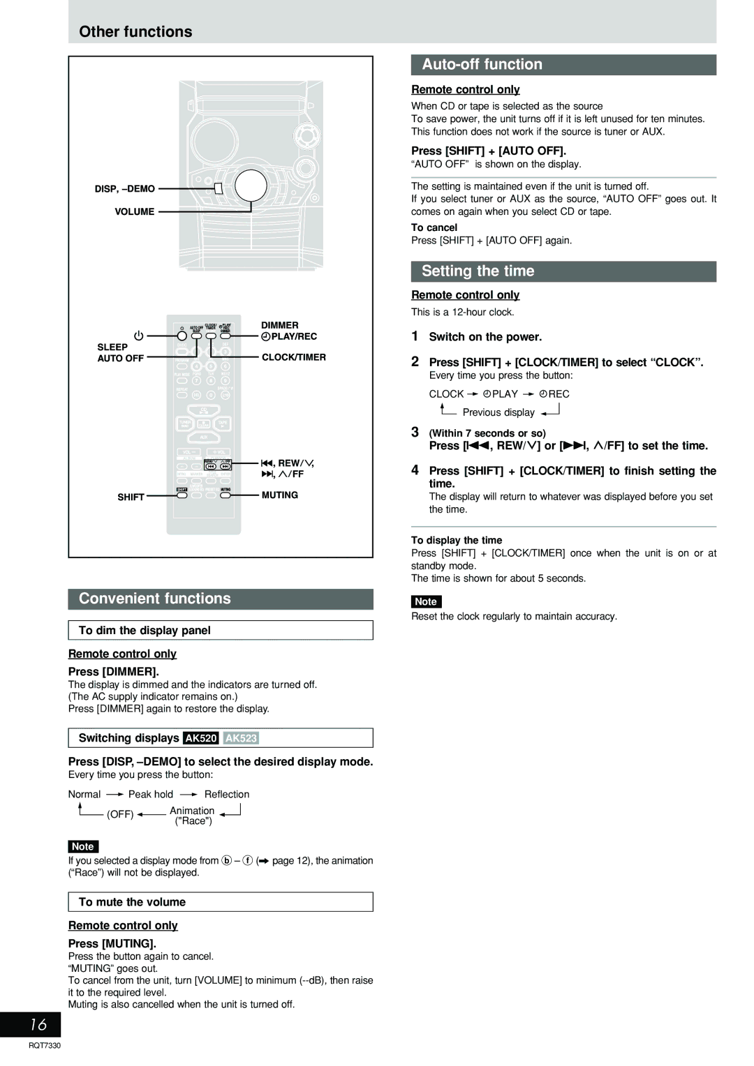 Panasonic SC-AK320, SC-AK520, SC-AK523, SC-AK323 Convenient functions, Auto-off function, Setting the time 