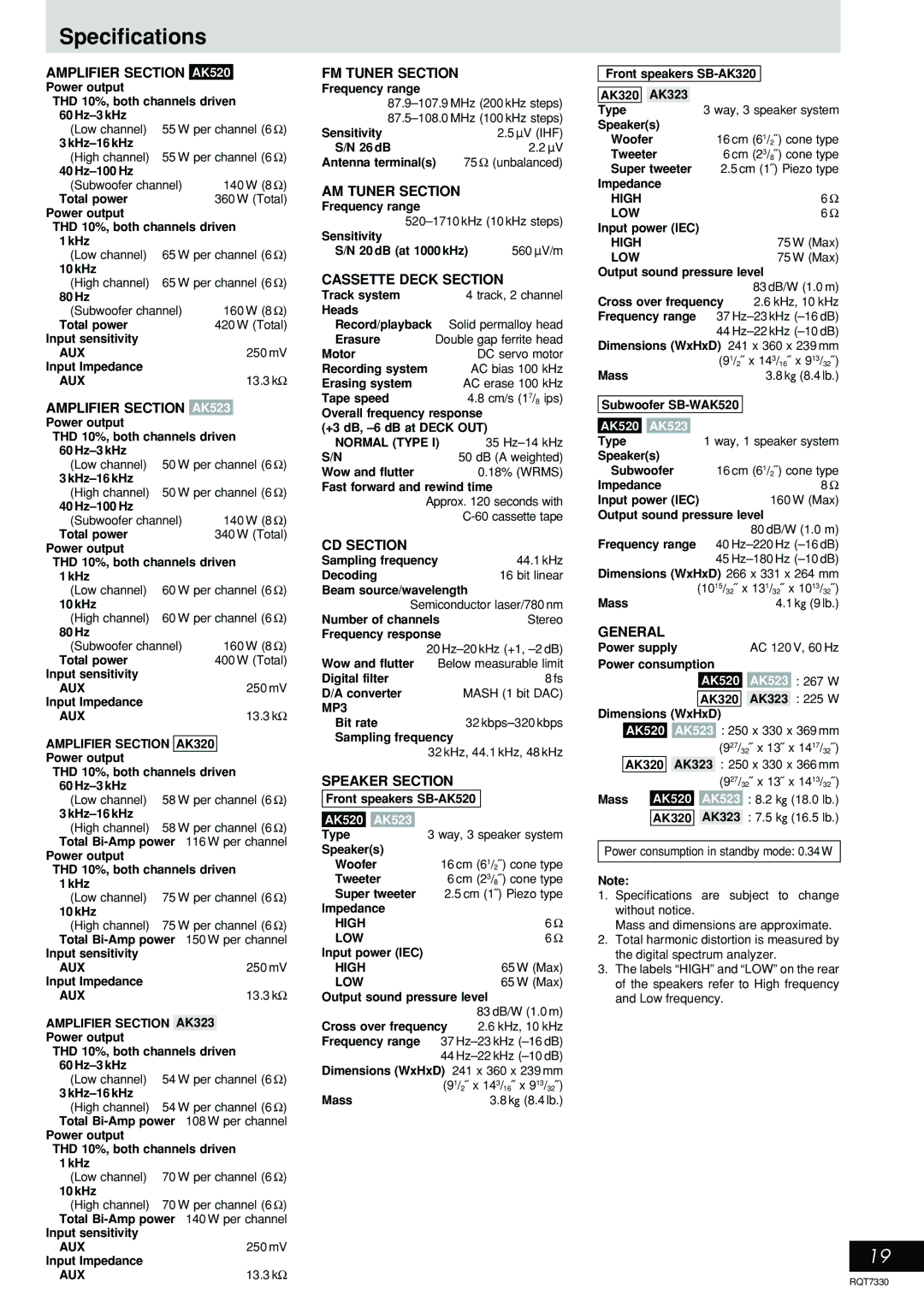 Panasonic SC-AK323, SC-AK320, SC-AK520, SC-AK523 operating instructions Specifications 