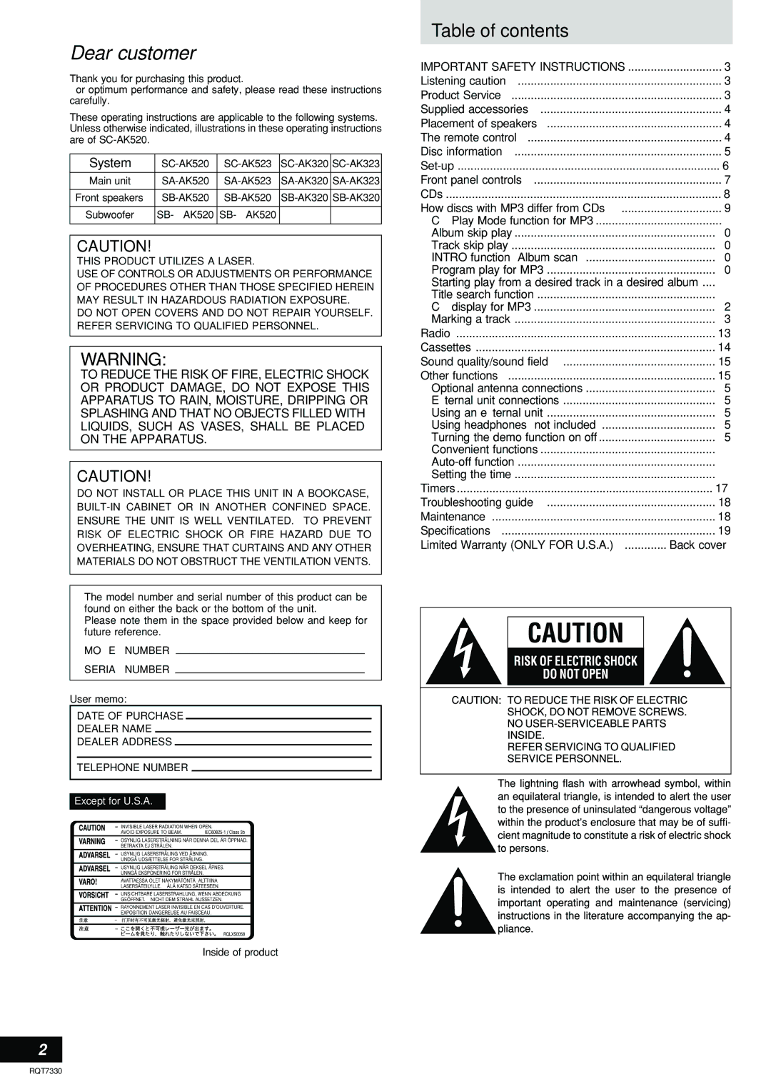 Panasonic SC-AK523, SC-AK320, SC-AK520, SC-AK323 operating instructions Dear customer, Table of contents 