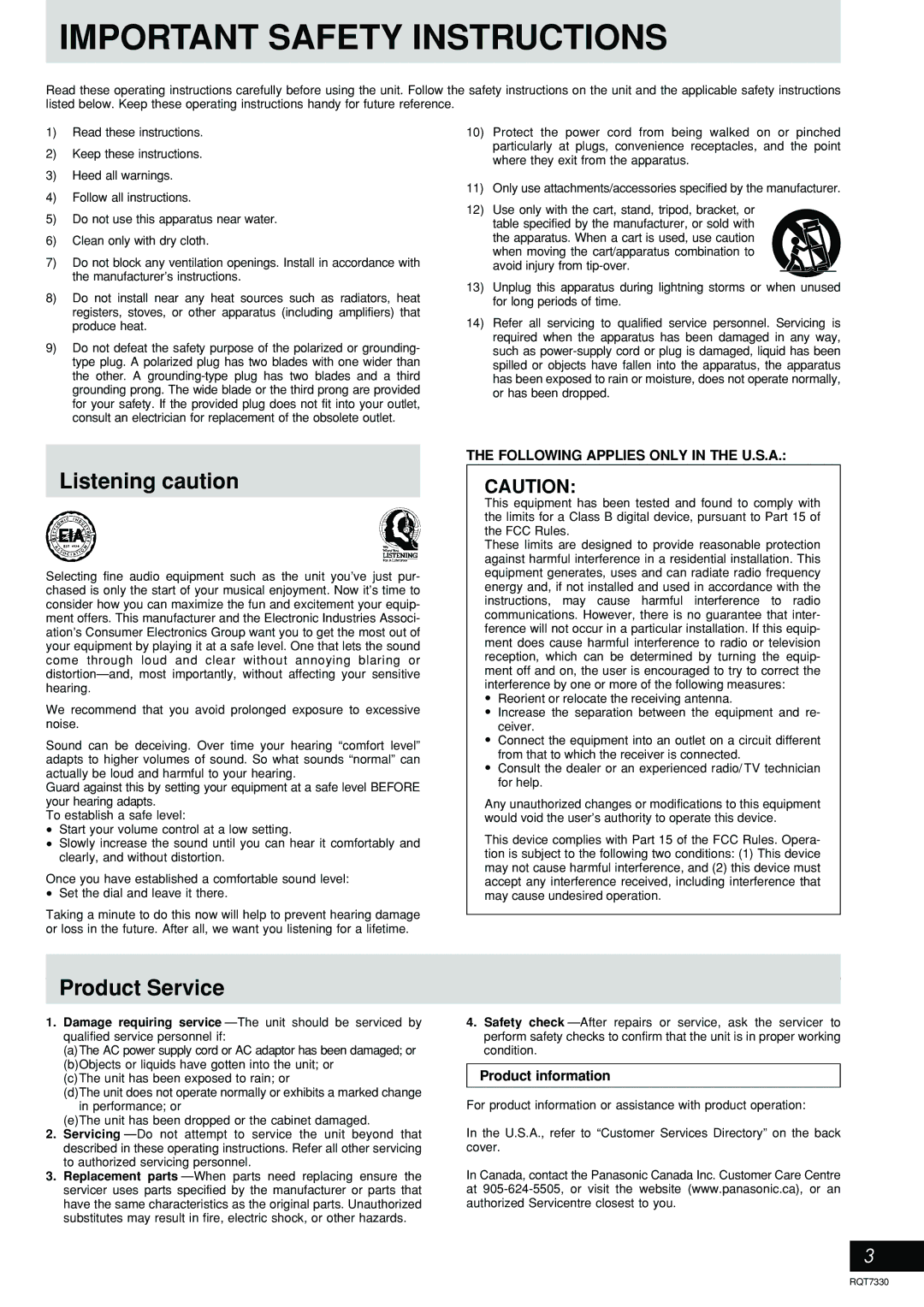 Panasonic SC-AK323, SC-AK320 Listening caution, Product Service, Following Applies only in the U.S.A, Product information 