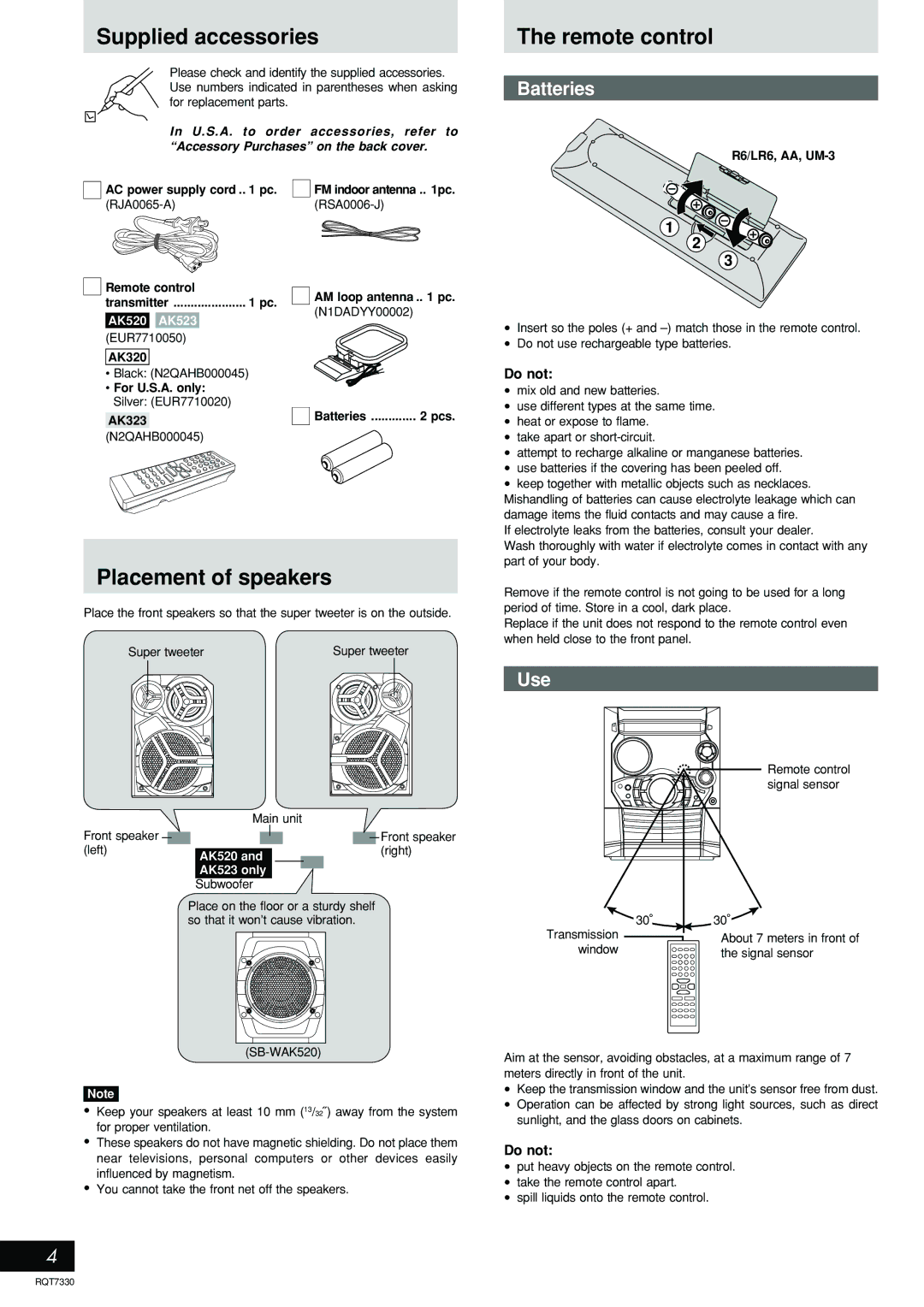 Panasonic SC-AK320, SC-AK520, SC-AK523, SC-AK323 Supplied accessories, Remote control, Placement of speakers, Batteries, Use 