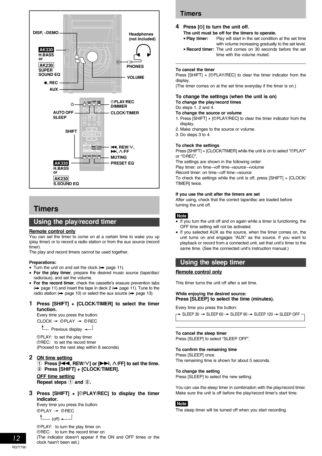 Panasonic SC-AK330 important safety instructions Timers, Using the play/record timer, Using the sleep timer 