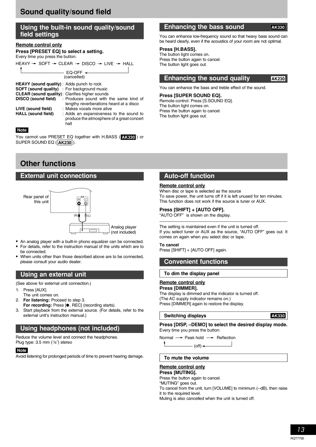 Panasonic SC-AK330 important safety instructions Sound quality/sound field, Other functions 