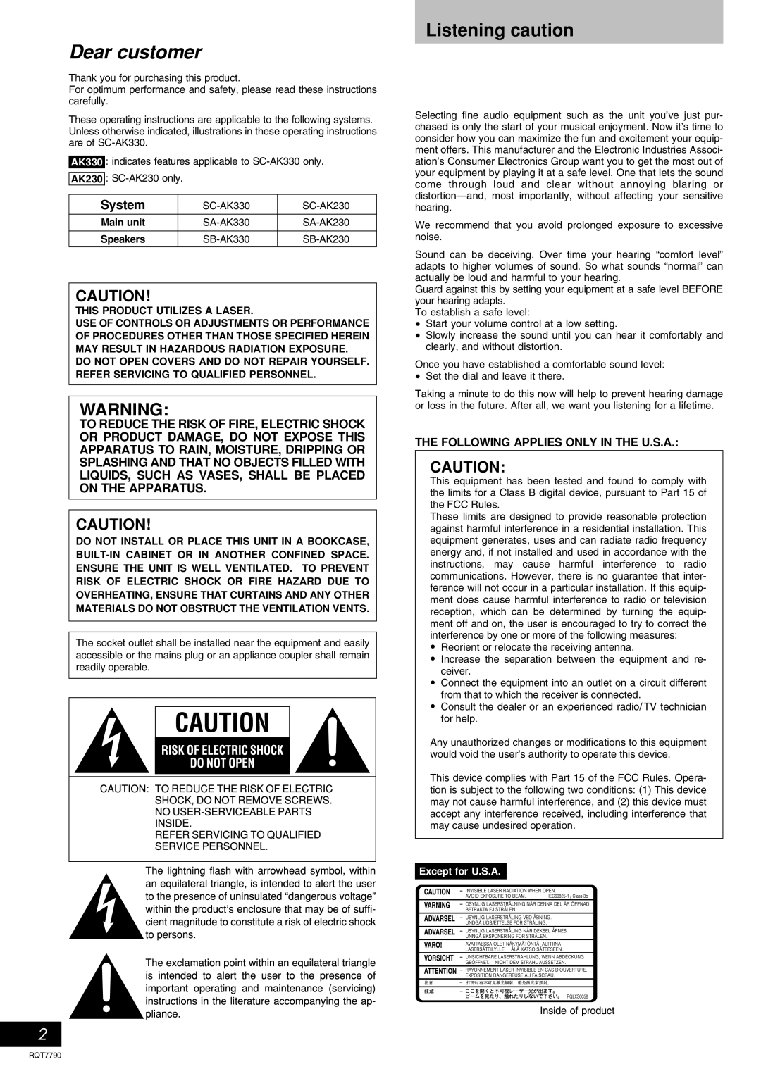 Panasonic SC-AK330 important safety instructions Listening caution, Main unit, Speakers, Except for U.S.A 