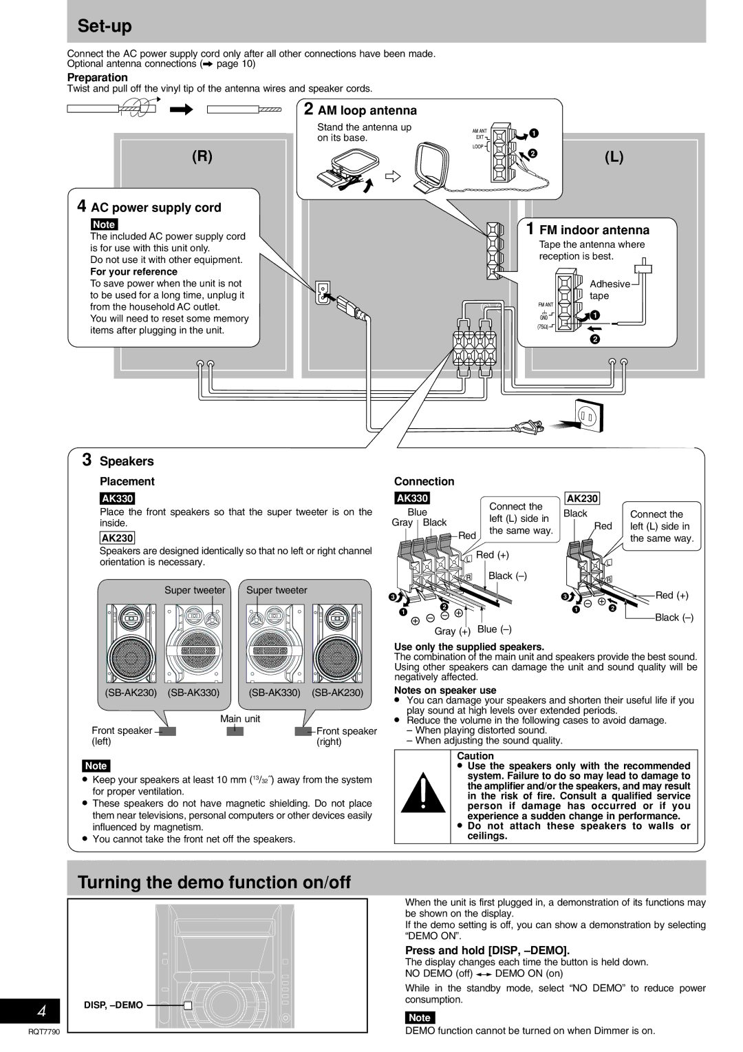 Panasonic SC-AK330 Set-up, Turning the demo function on/off, Preparation, Placement Connection, Press and hold DISP, -DEMO 