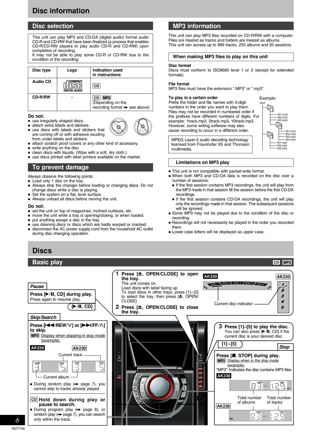 Panasonic SC-AK330 important safety instructions Disc information, Discs 