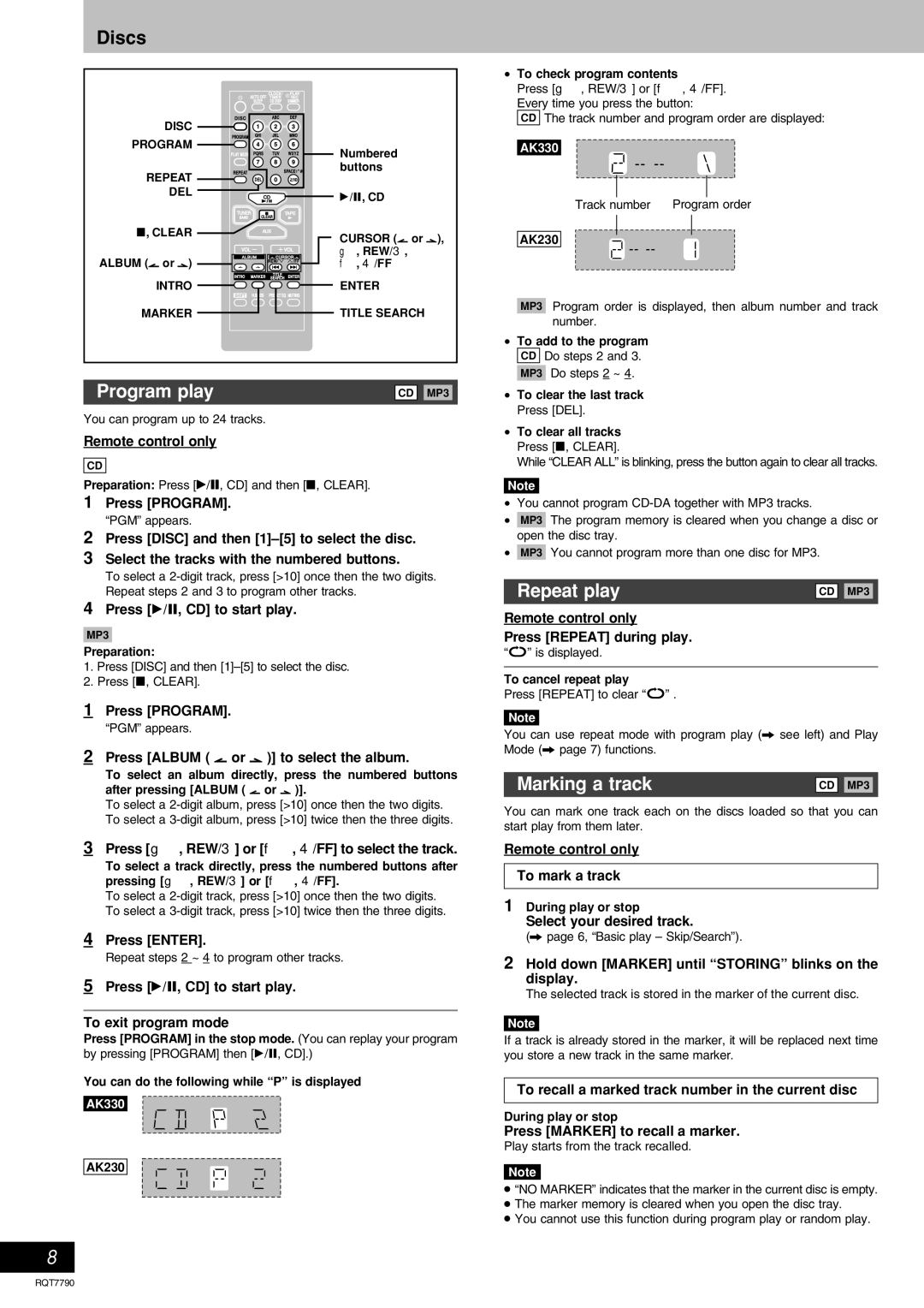 Panasonic SC-AK330 important safety instructions Program play, Repeat play, Marking a track 