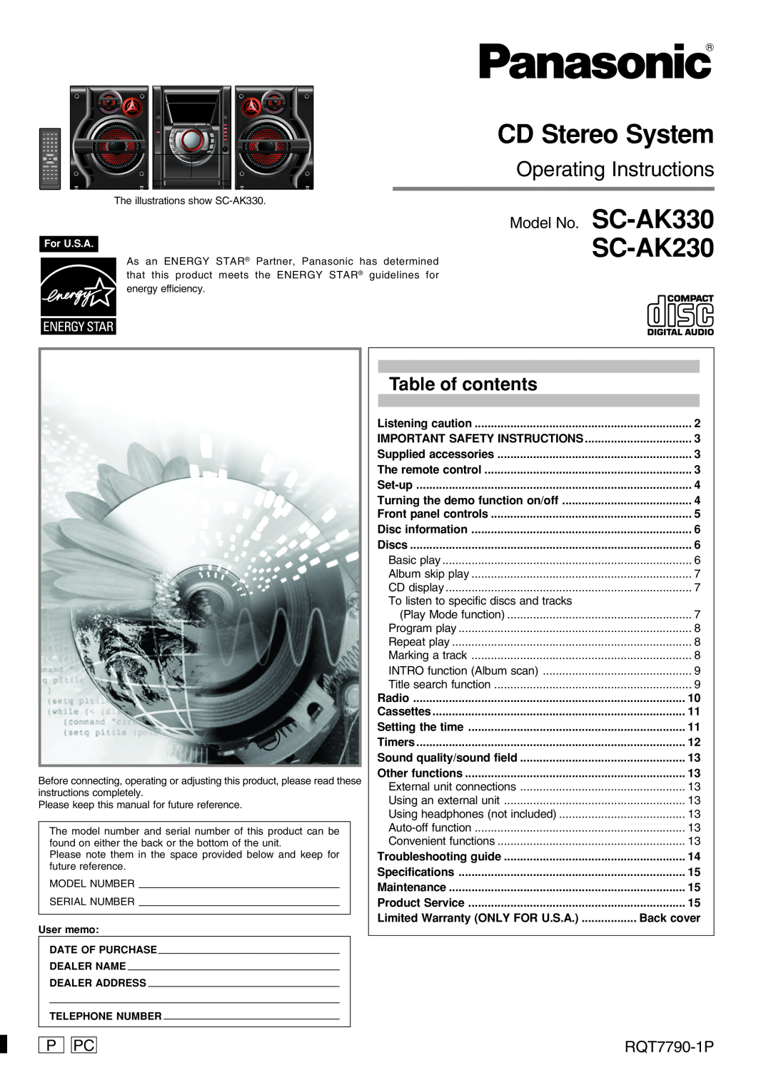 Panasonic important safety instructions Table of contents, Model No. SC-AK330, P Pc, RQT7790-1P, CD Stereo System 