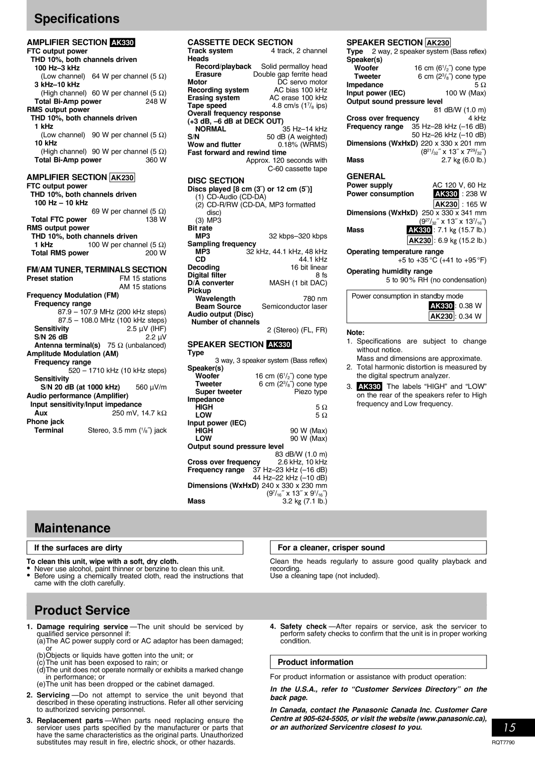 Panasonic SC-AK330 important safety instructions Specifications, Maintenance, Product Service 