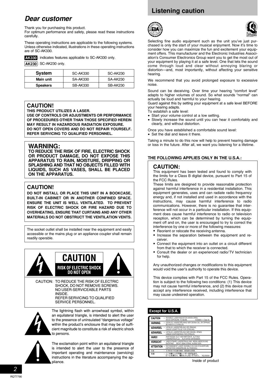 Panasonic SC-AK330 important safety instructions Listening caution, System, Except for U.S.A 