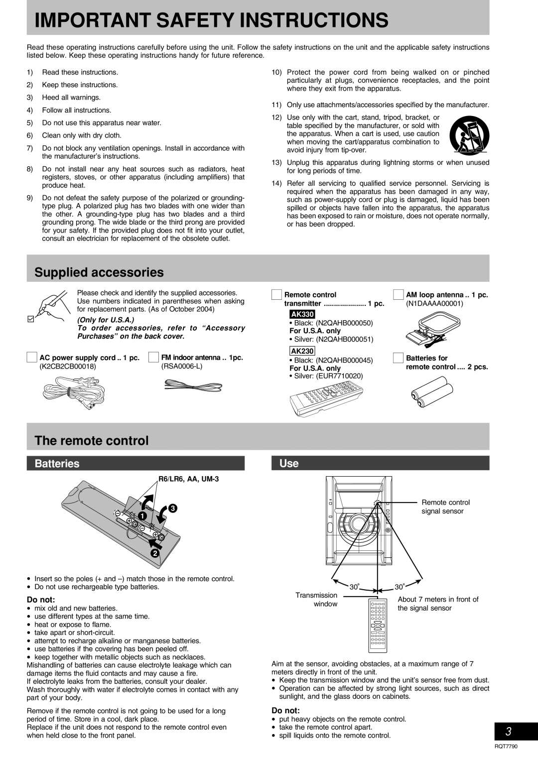 Panasonic SC-AK330 Supplied accessories, The remote control, Batteries, Important Safety Instructions, Only for U.S.A 