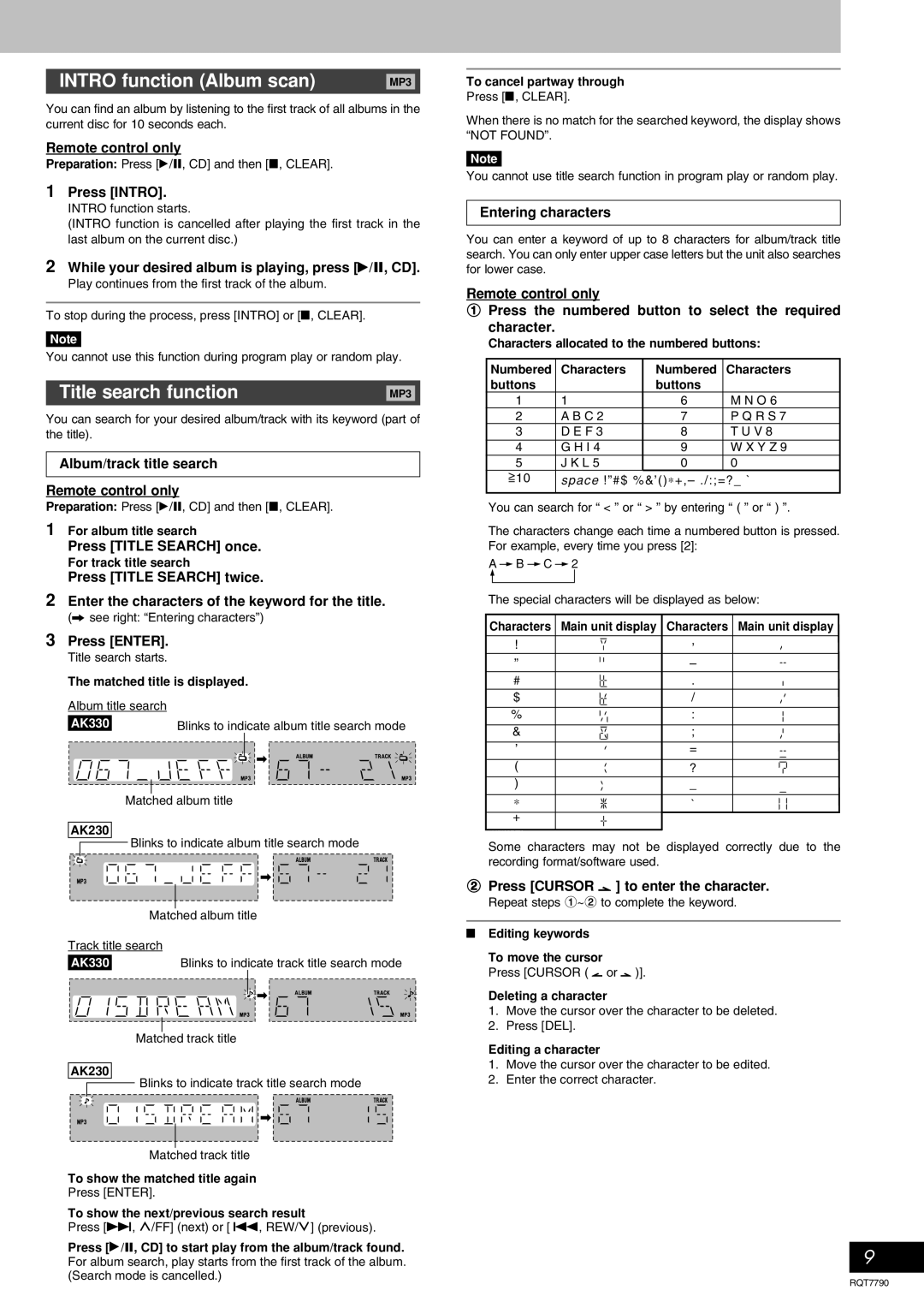 Panasonic SC-AK330 important safety instructions INTRO function Album scan, Title search function 